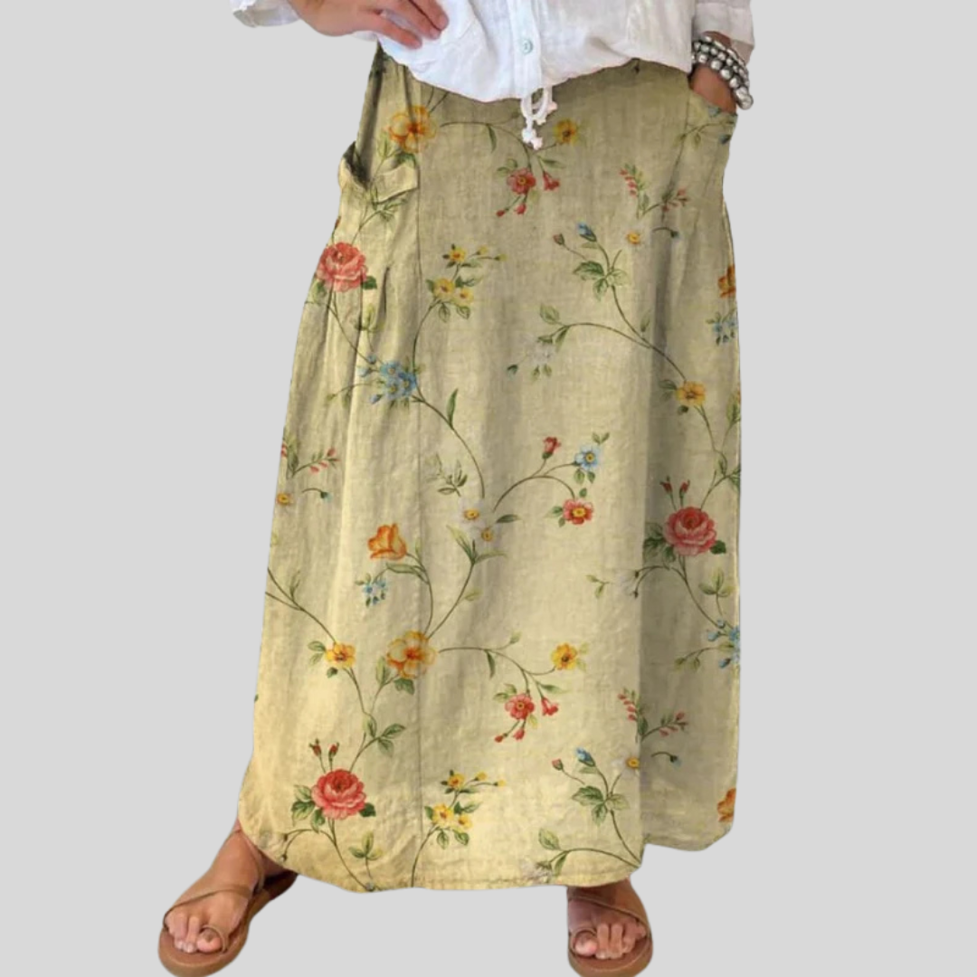 Mella | Retro Floral A-Line Skirt with Elastic Waist