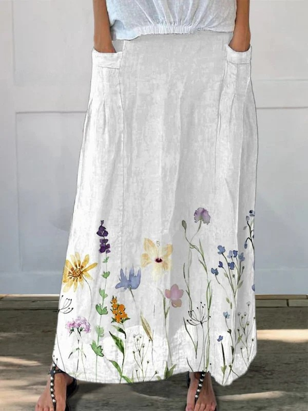 Kisha | Watercolour Meadow Print Elastic-Waist Pocket Skirt