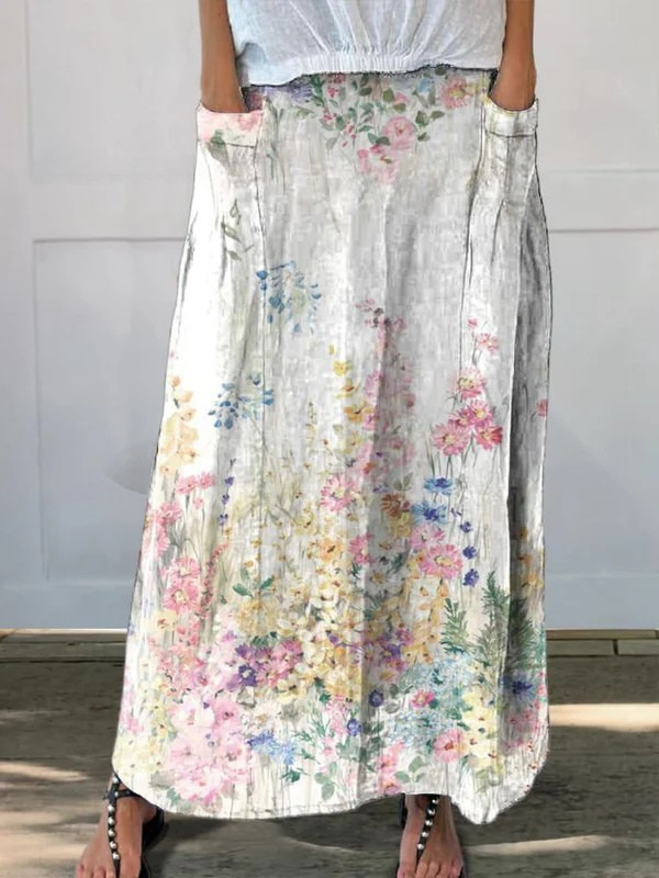 Roxane | Vintage Botanical Floral Elastic Waist Pocket Skirt