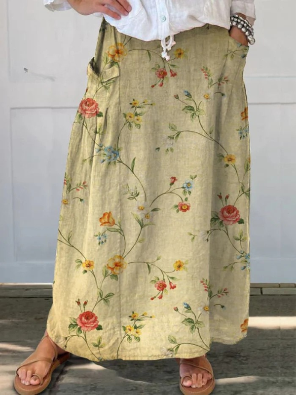Mella | Retro Floral A-Line Skirt with Elastic Waist
