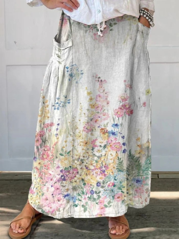 Mella | Retro Floral A-Line Skirt with Elastic Waist