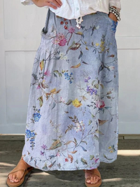 Jeda | Vintage Blue Print Linen Blend Pocket Skirt